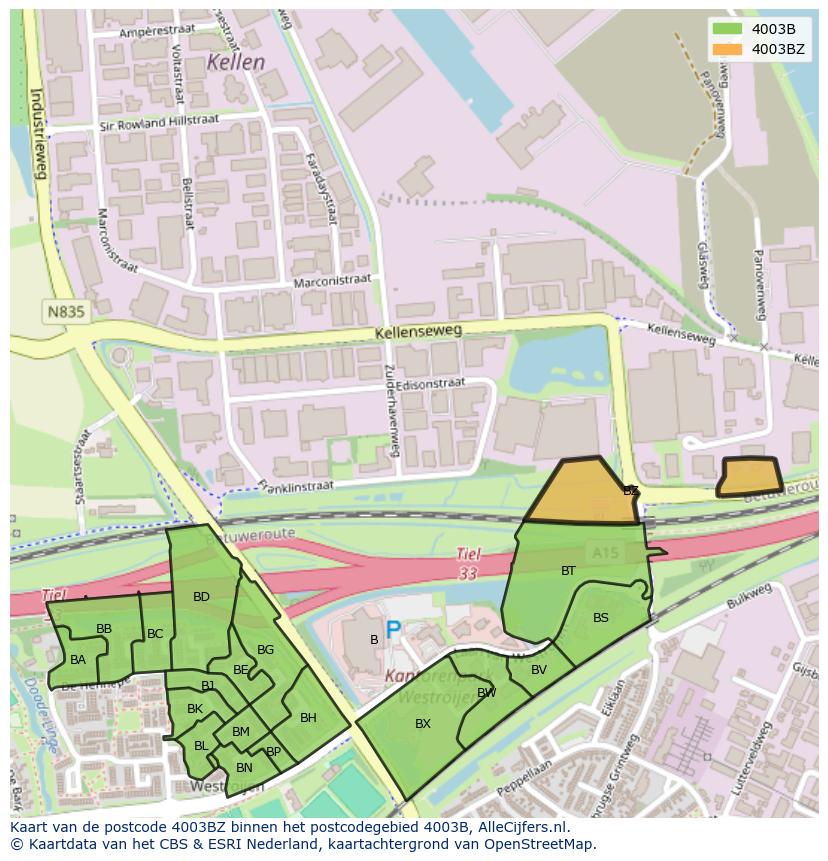 Afbeelding van het postcodegebied 4003 BZ op de kaart.
