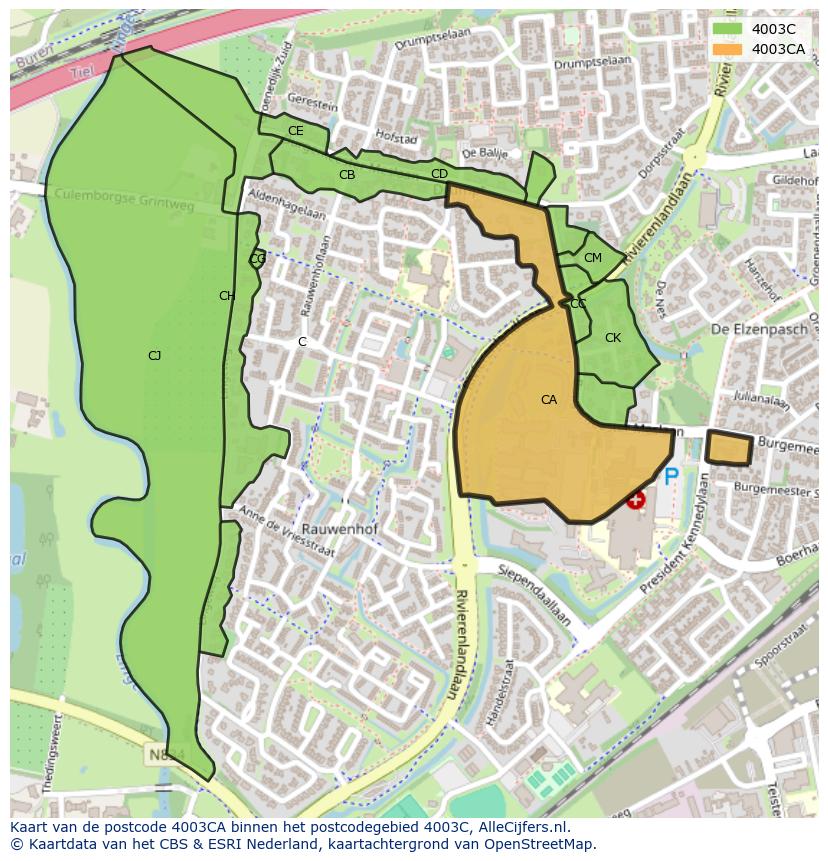 Afbeelding van het postcodegebied 4003 CA op de kaart.