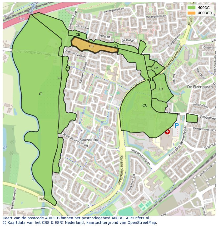 Afbeelding van het postcodegebied 4003 CB op de kaart.