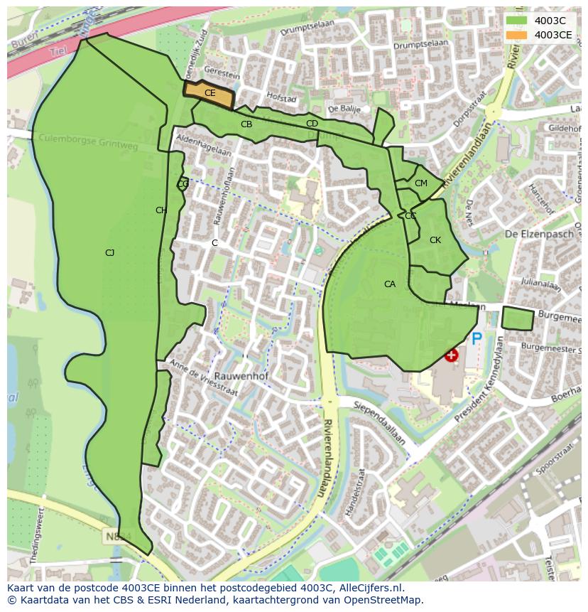 Afbeelding van het postcodegebied 4003 CE op de kaart.