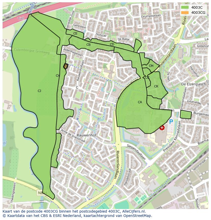 Afbeelding van het postcodegebied 4003 CG op de kaart.