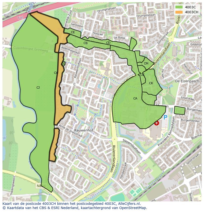 Afbeelding van het postcodegebied 4003 CH op de kaart.