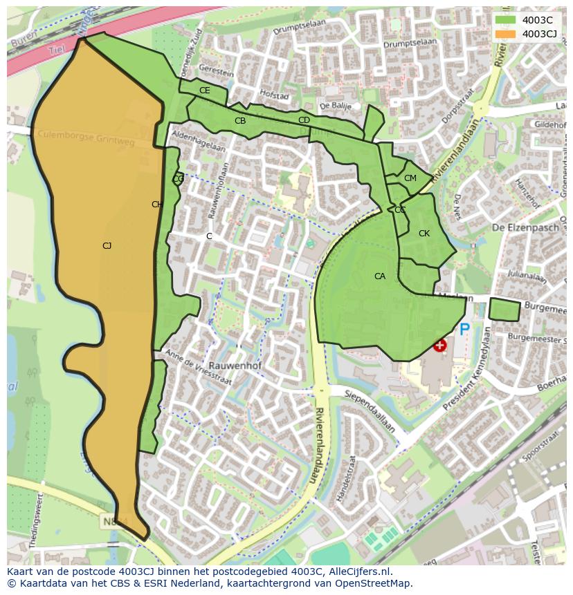 Afbeelding van het postcodegebied 4003 CJ op de kaart.