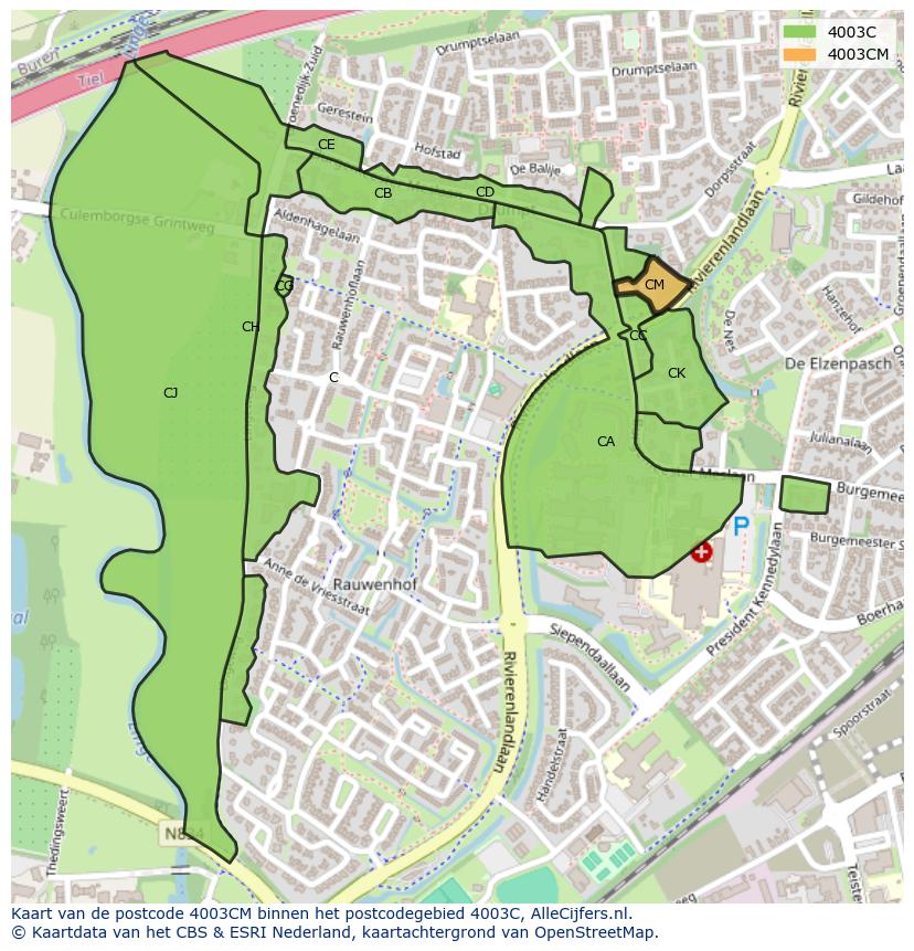 Afbeelding van het postcodegebied 4003 CM op de kaart.