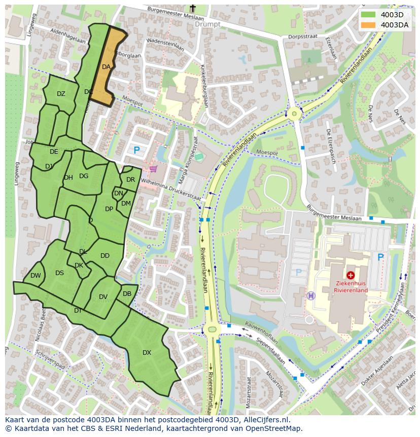 Afbeelding van het postcodegebied 4003 DA op de kaart.