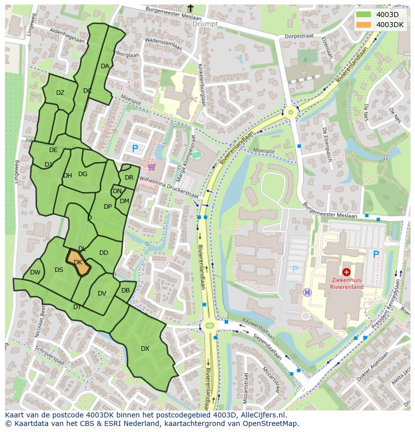 Afbeelding van het postcodegebied 4003 DK op de kaart.