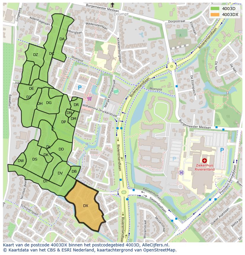 Afbeelding van het postcodegebied 4003 DX op de kaart.