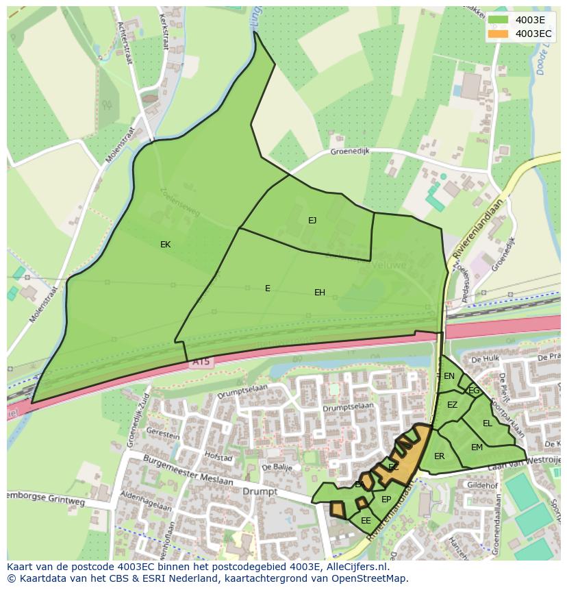 Afbeelding van het postcodegebied 4003 EC op de kaart.