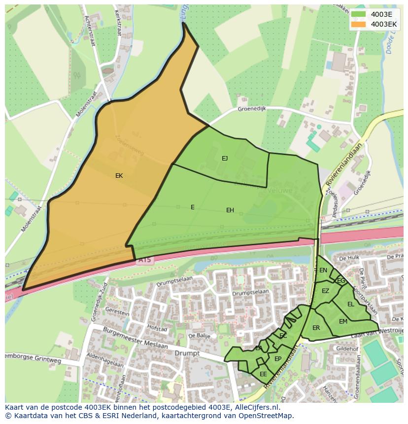 Afbeelding van het postcodegebied 4003 EK op de kaart.