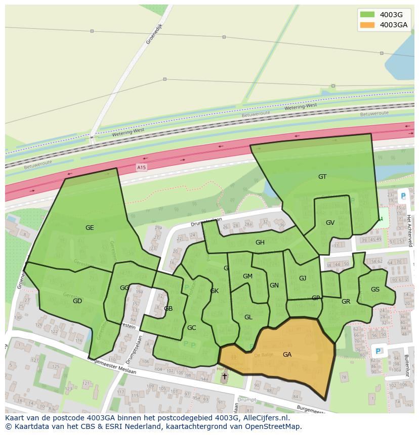 Afbeelding van het postcodegebied 4003 GA op de kaart.