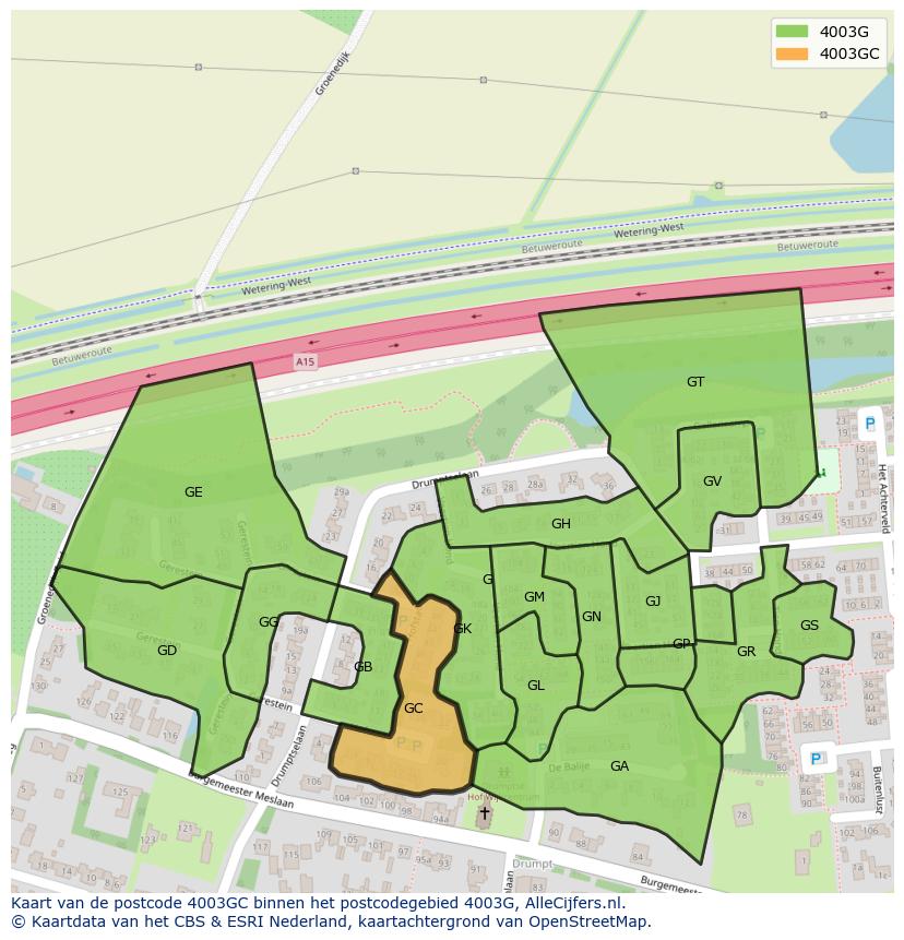 Afbeelding van het postcodegebied 4003 GC op de kaart.