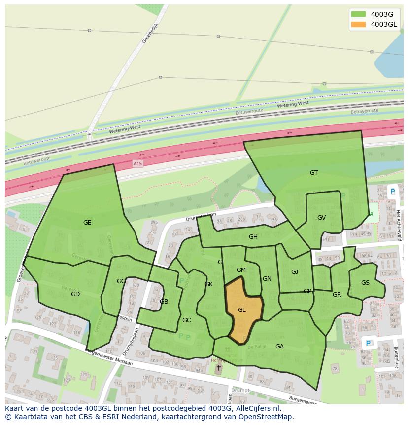 Afbeelding van het postcodegebied 4003 GL op de kaart.