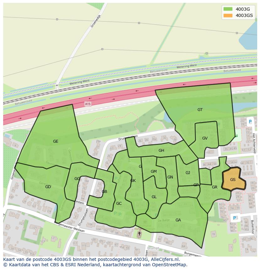 Afbeelding van het postcodegebied 4003 GS op de kaart.