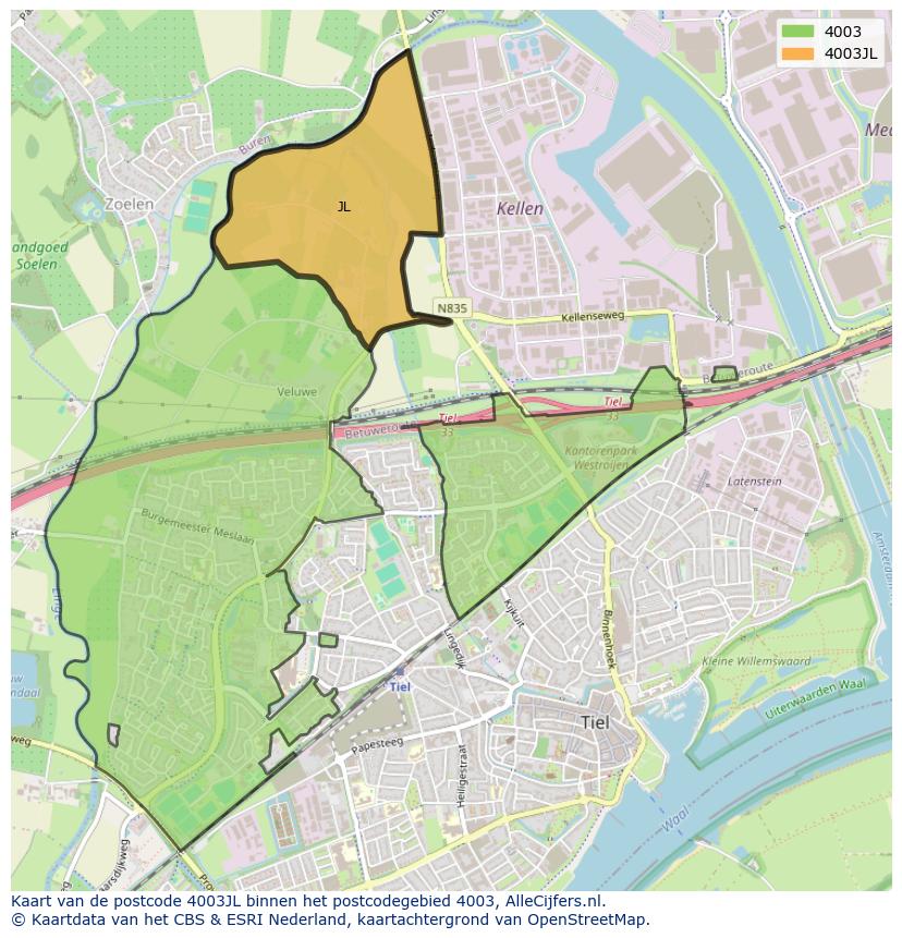 Afbeelding van het postcodegebied 4003 JL op de kaart.