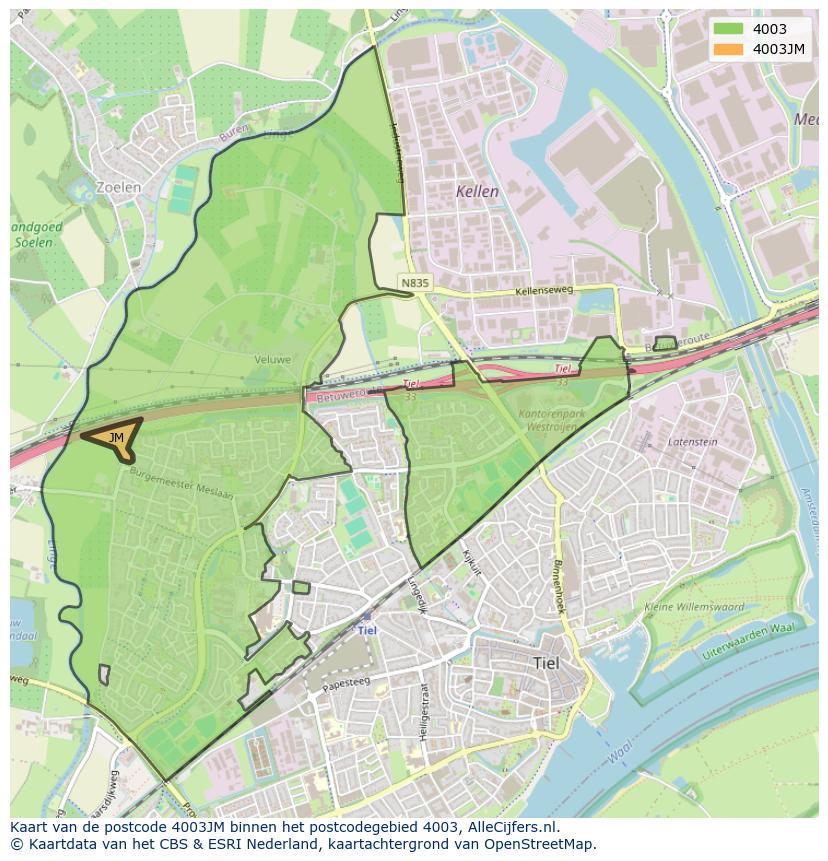 Afbeelding van het postcodegebied 4003 JM op de kaart.