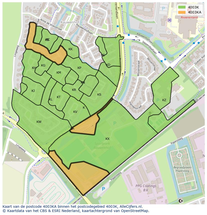 Afbeelding van het postcodegebied 4003 KA op de kaart.