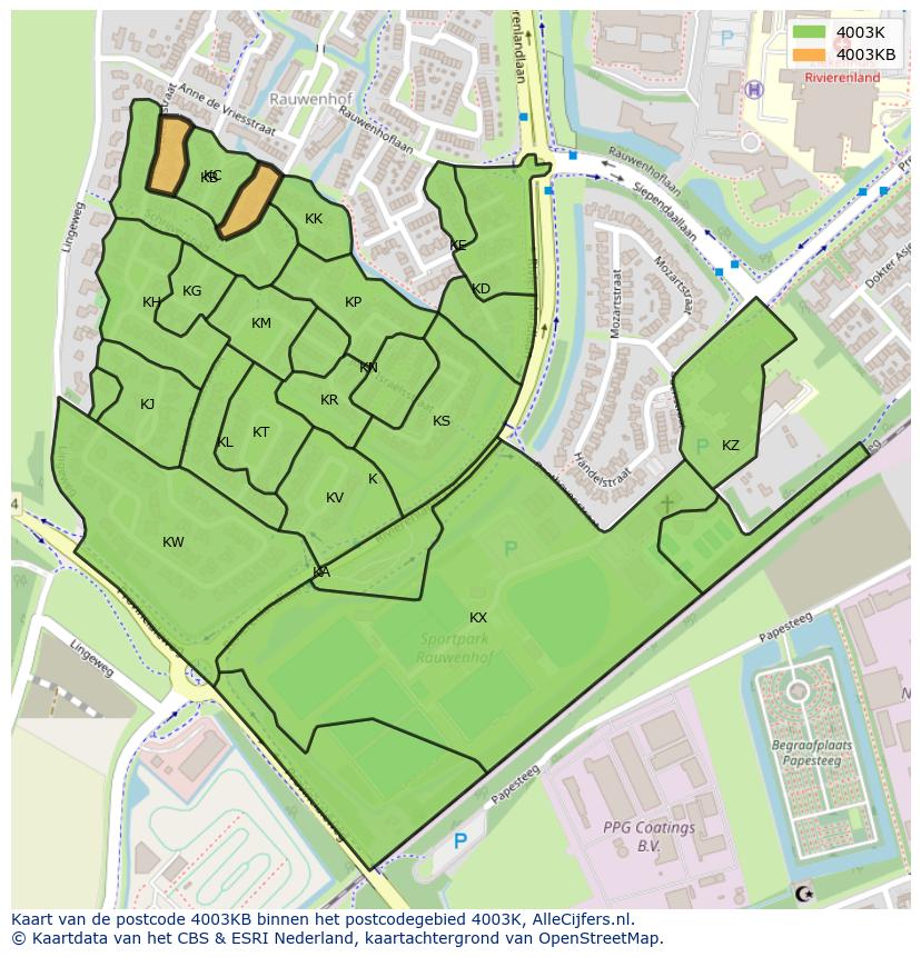 Afbeelding van het postcodegebied 4003 KB op de kaart.