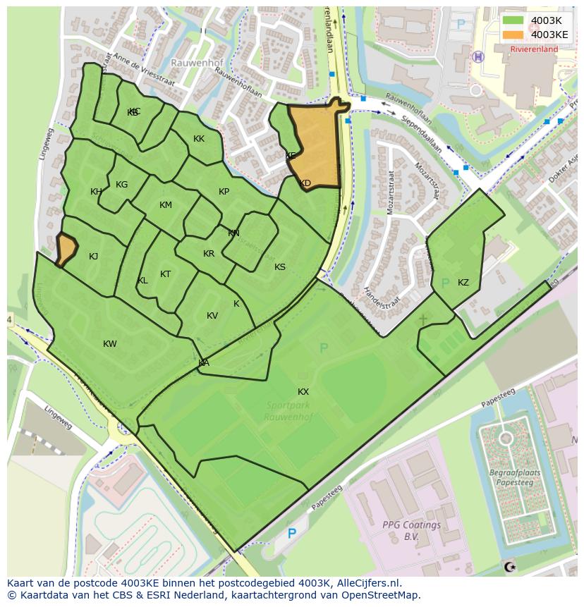 Afbeelding van het postcodegebied 4003 KE op de kaart.