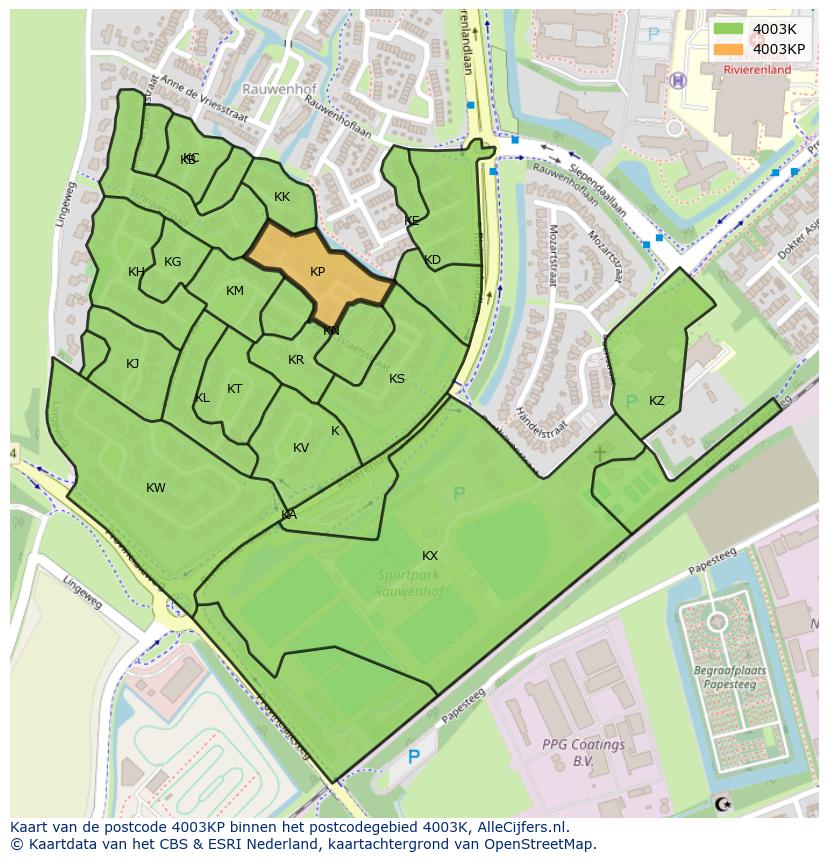 Afbeelding van het postcodegebied 4003 KP op de kaart.