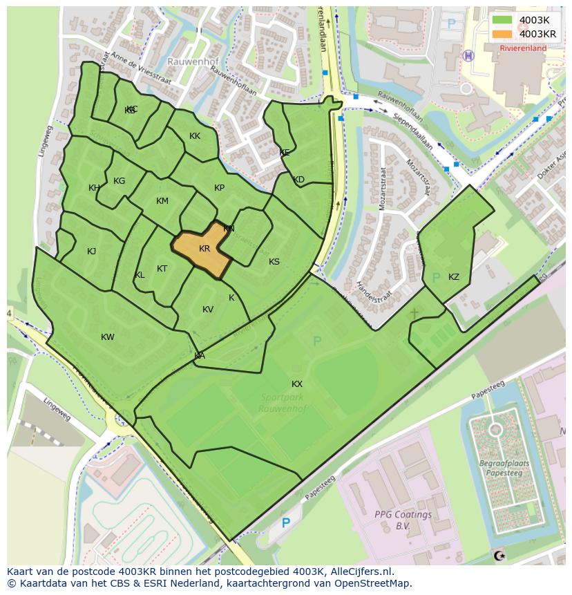 Afbeelding van het postcodegebied 4003 KR op de kaart.