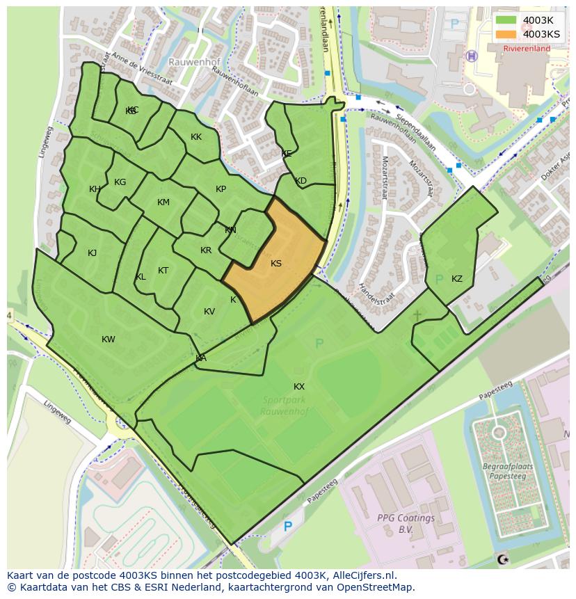 Afbeelding van het postcodegebied 4003 KS op de kaart.