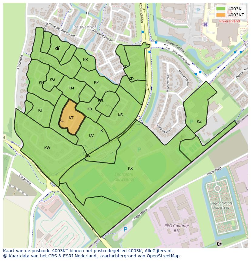 Afbeelding van het postcodegebied 4003 KT op de kaart.