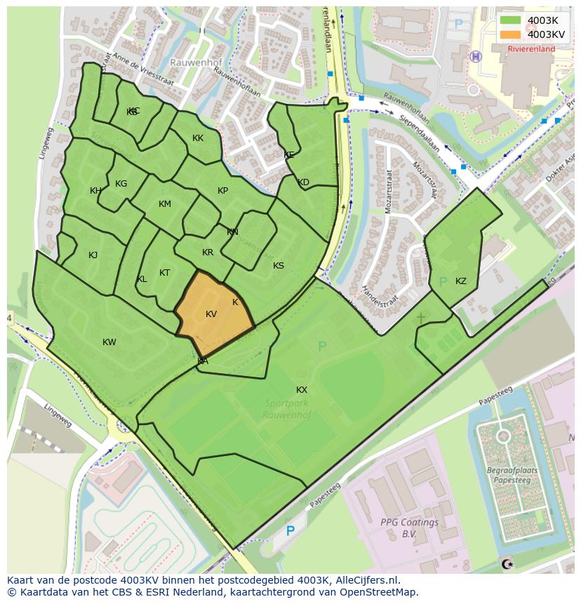 Afbeelding van het postcodegebied 4003 KV op de kaart.