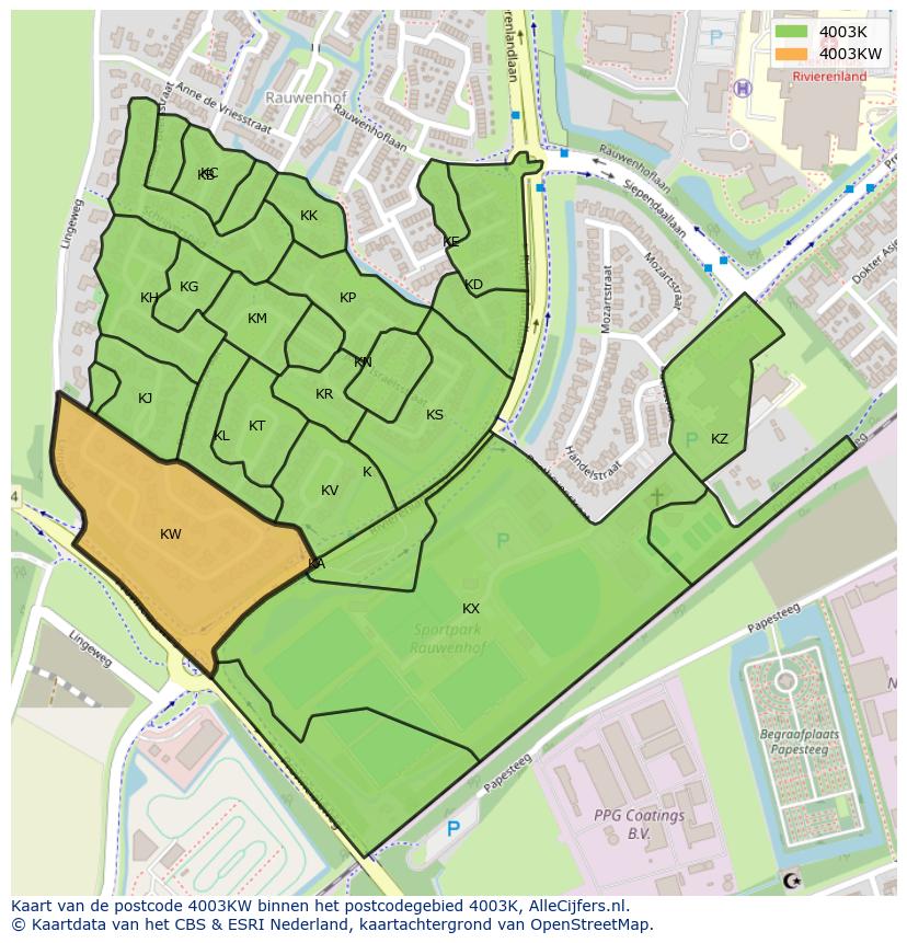 Afbeelding van het postcodegebied 4003 KW op de kaart.