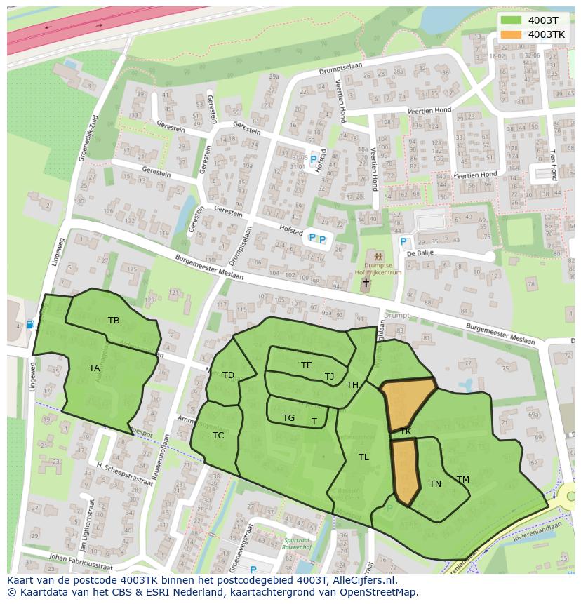 Afbeelding van het postcodegebied 4003 TK op de kaart.