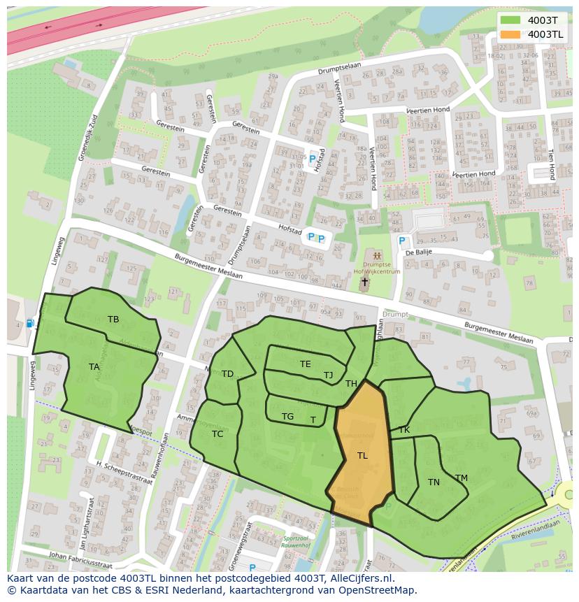 Afbeelding van het postcodegebied 4003 TL op de kaart.