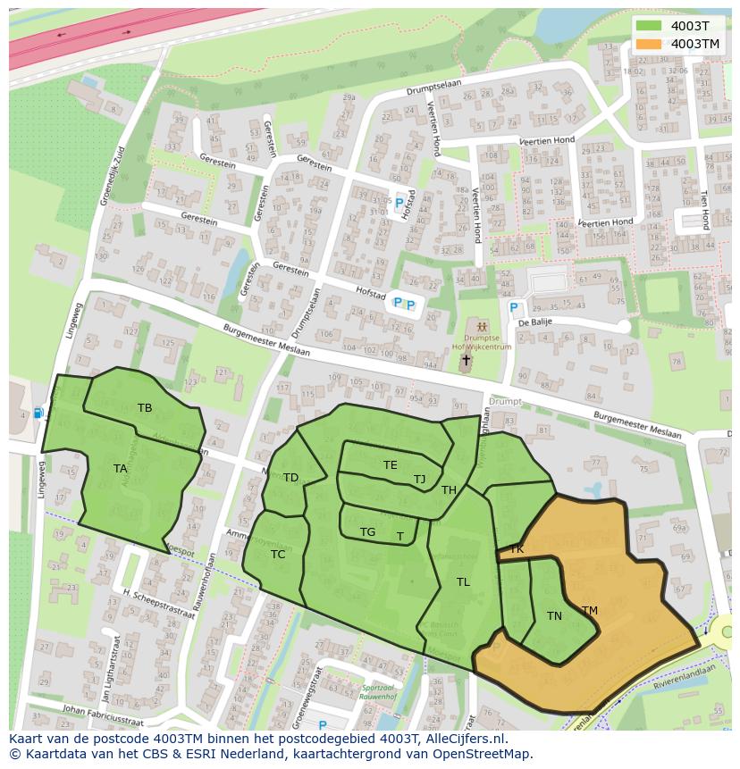 Afbeelding van het postcodegebied 4003 TM op de kaart.