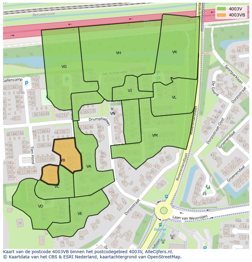 Afbeelding van het postcodegebied 4003 VB op de kaart.