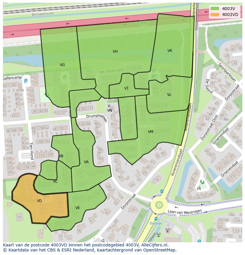 Afbeelding van het postcodegebied 4003 VD op de kaart.
