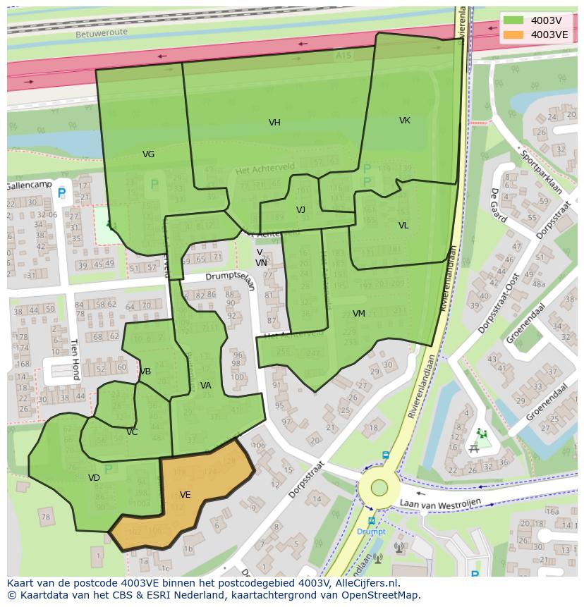 Afbeelding van het postcodegebied 4003 VE op de kaart.