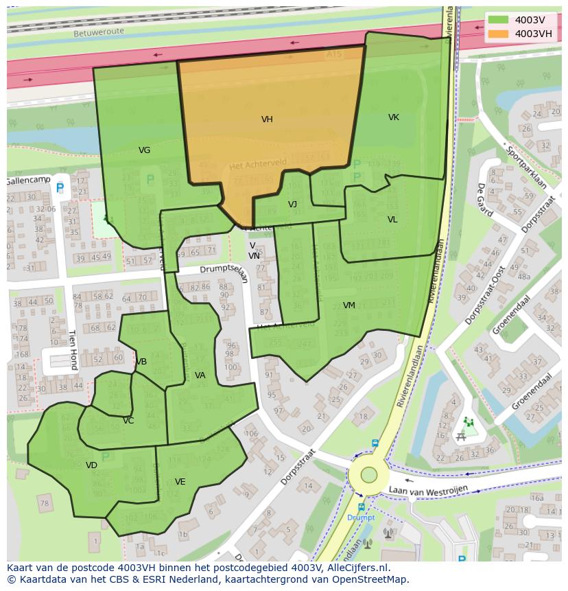 Afbeelding van het postcodegebied 4003 VH op de kaart.