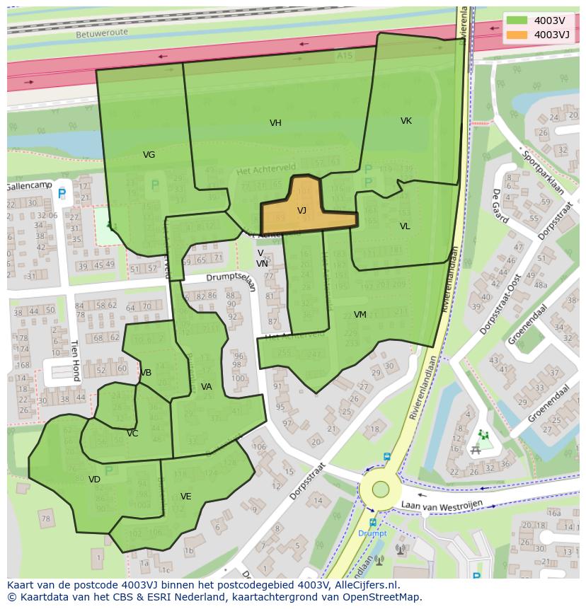 Afbeelding van het postcodegebied 4003 VJ op de kaart.