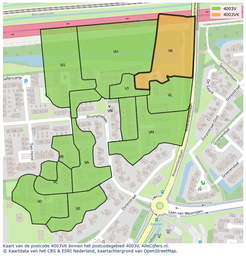 Afbeelding van het postcodegebied 4003 VK op de kaart.