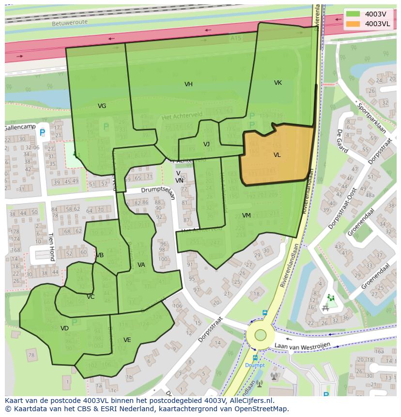 Afbeelding van het postcodegebied 4003 VL op de kaart.