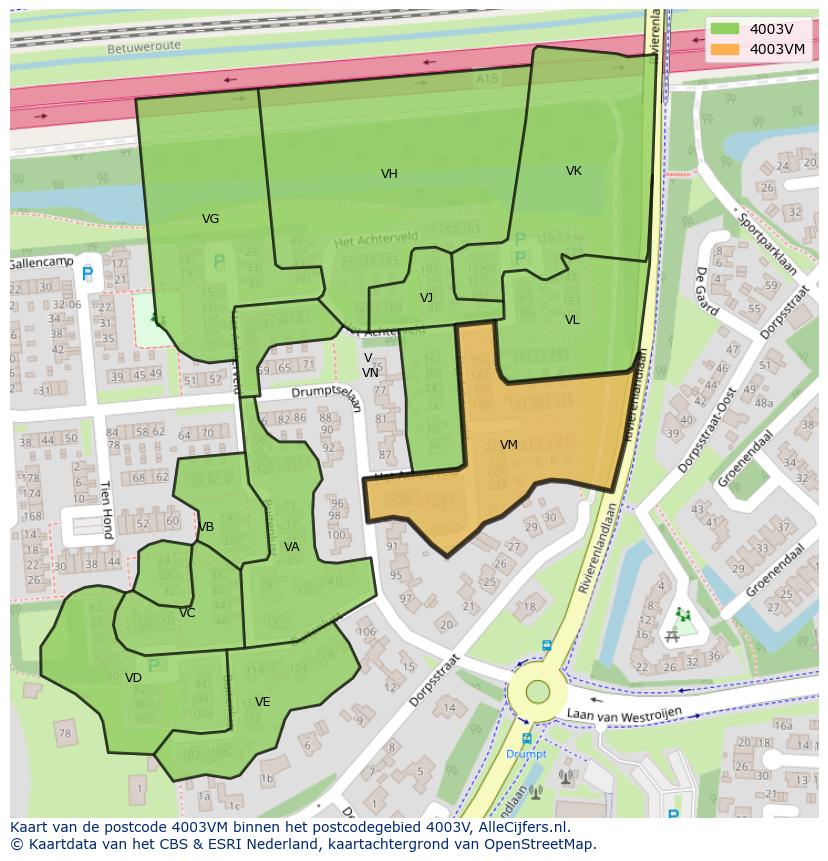 Afbeelding van het postcodegebied 4003 VM op de kaart.