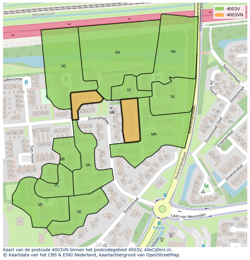 Afbeelding van het postcodegebied 4003 VN op de kaart.