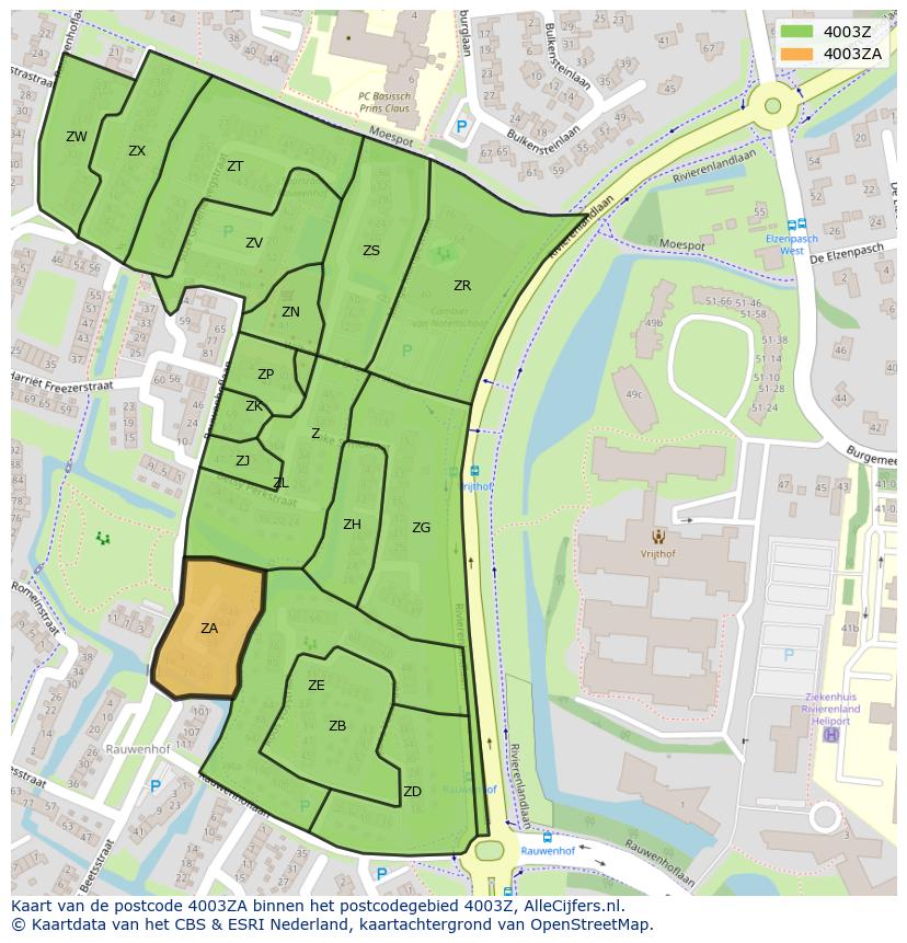 Afbeelding van het postcodegebied 4003 ZA op de kaart.