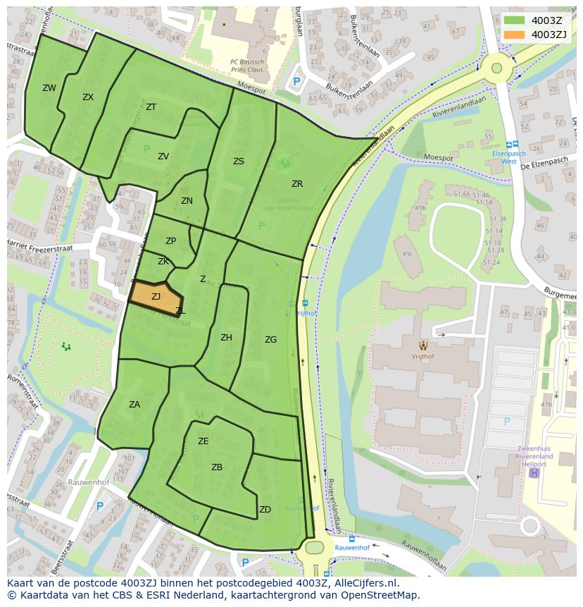 Afbeelding van het postcodegebied 4003 ZJ op de kaart.