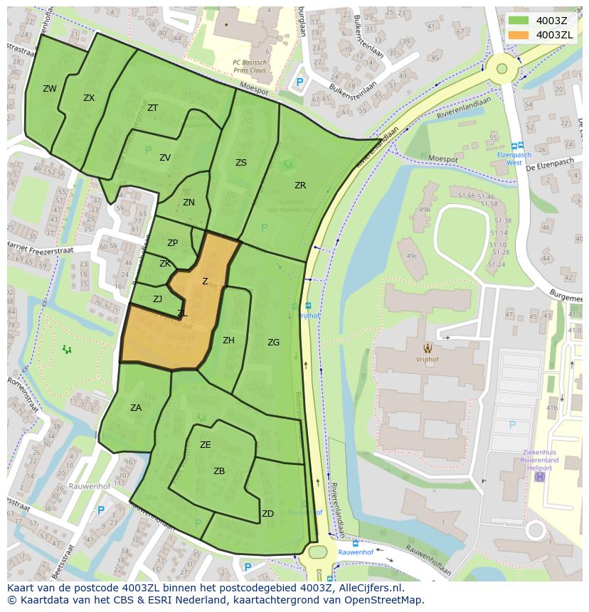 Afbeelding van het postcodegebied 4003 ZL op de kaart.