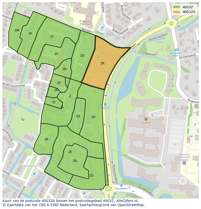 Afbeelding van het postcodegebied 4003 ZR op de kaart.