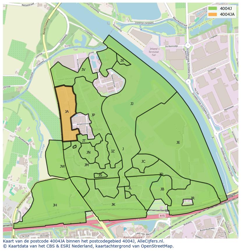Afbeelding van het postcodegebied 4004 JA op de kaart.