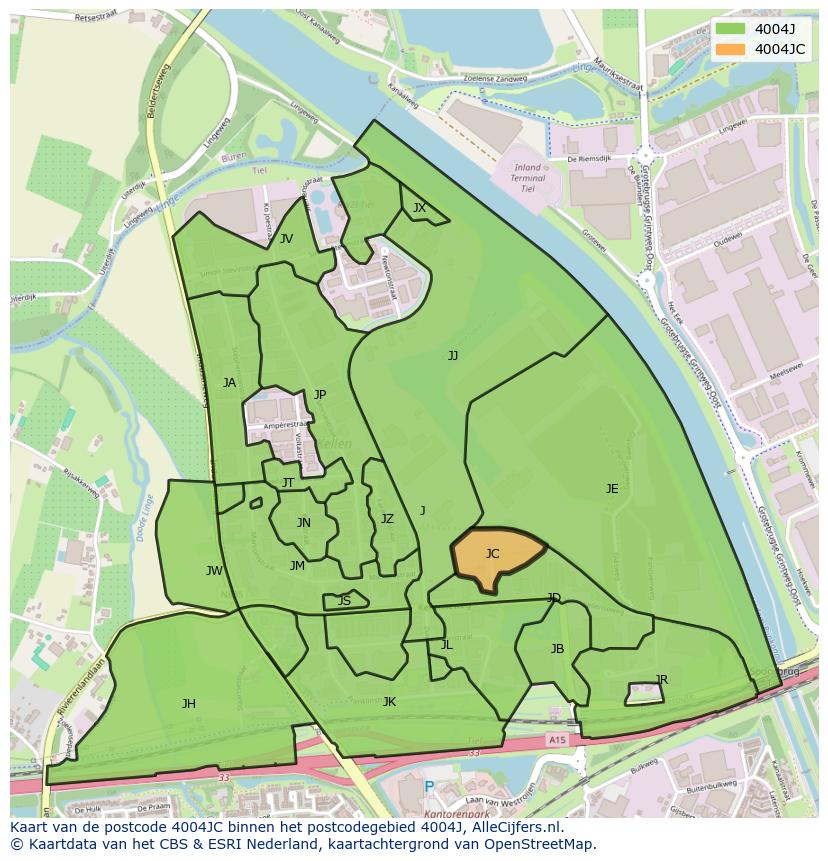 Afbeelding van het postcodegebied 4004 JC op de kaart.