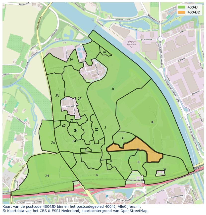 Afbeelding van het postcodegebied 4004 JD op de kaart.