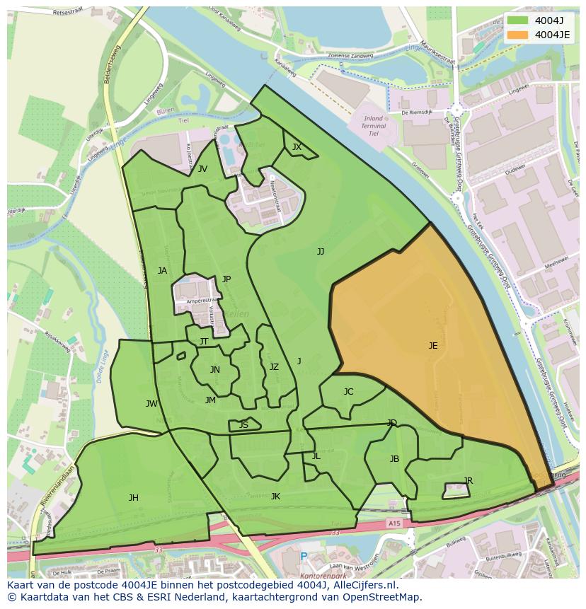 Afbeelding van het postcodegebied 4004 JE op de kaart.