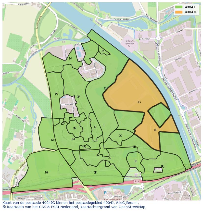 Afbeelding van het postcodegebied 4004 JG op de kaart.