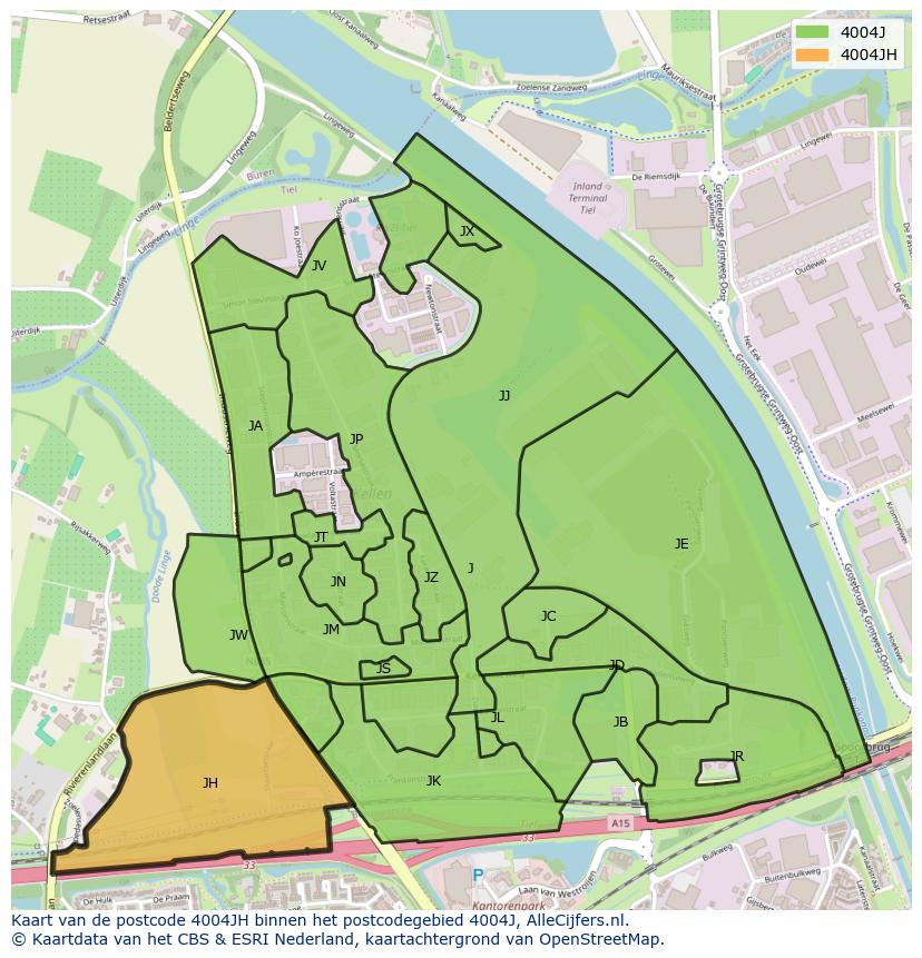 Afbeelding van het postcodegebied 4004 JH op de kaart.